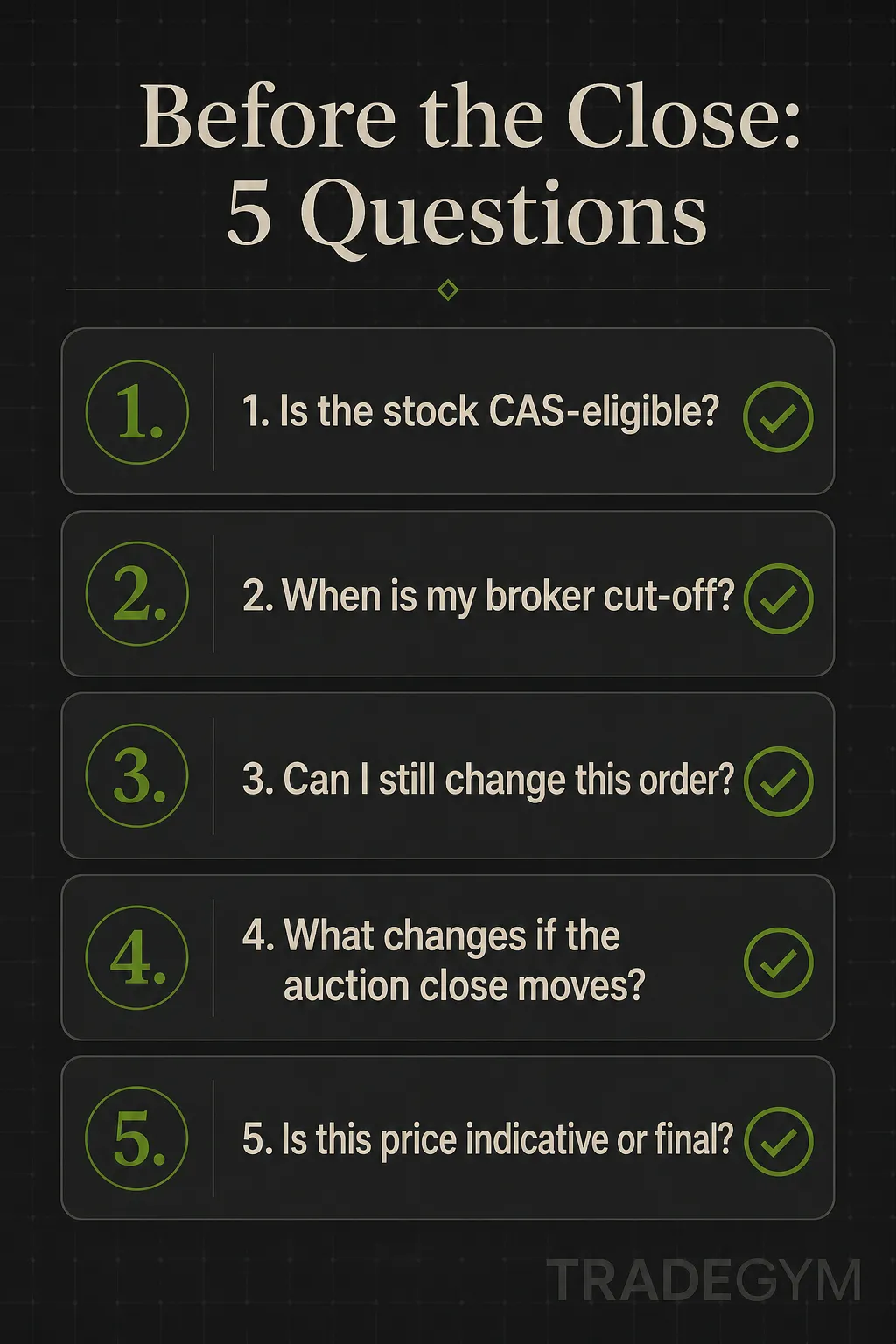 TradeGym pre-close checklist for the Closing Auction Session: five questions on CAS eligibility, broker cut-off, order changes, auction-close risk and indicative versus final price.